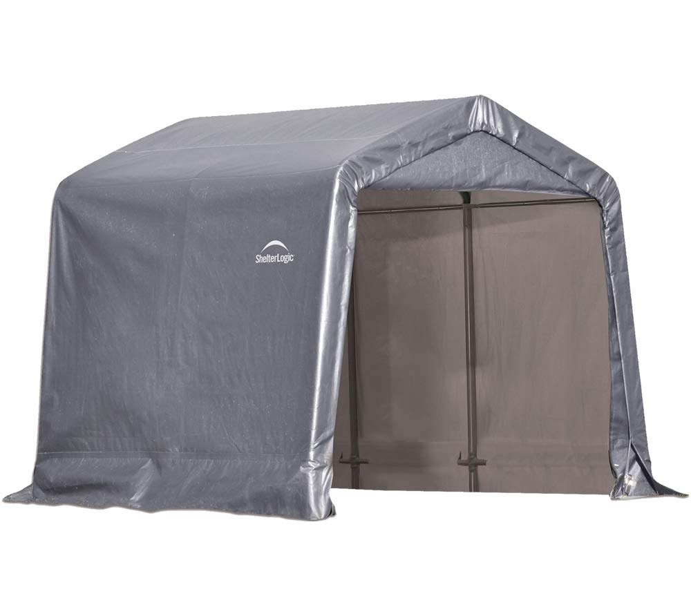 ShelterLogic 8' x 8' Shed-in-a-Box All Season Steel Metal Frame Peak Roof Outdoor Storage Shed with Waterproof Cover and Heavy Duty Reusable Auger Anchors, Grey | Pull-Eaze Roll-Up Door Kit