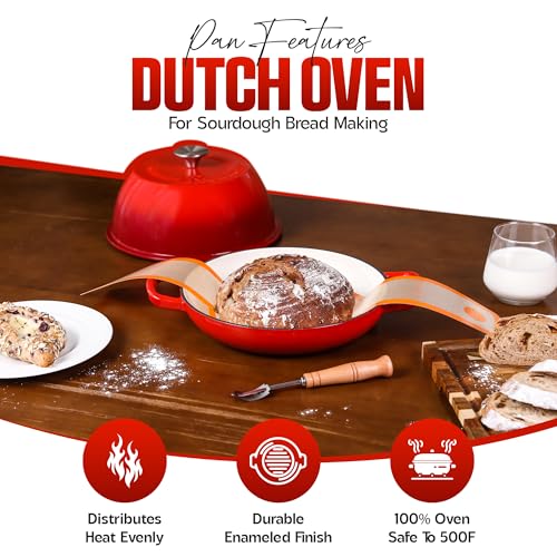 6 QT Enameled Cast Iron Dutch Oven - Sourdough for Bread Baking & Casseroles and more - 10 inch base, includes 5 Blade Bread Lame & Non-Stick Silicone Sling - Oven Safe to 500°F Bread Loaf Pan with Lid - Sourdough Bread Oven - Cast Iron Enamel Bread Loaf