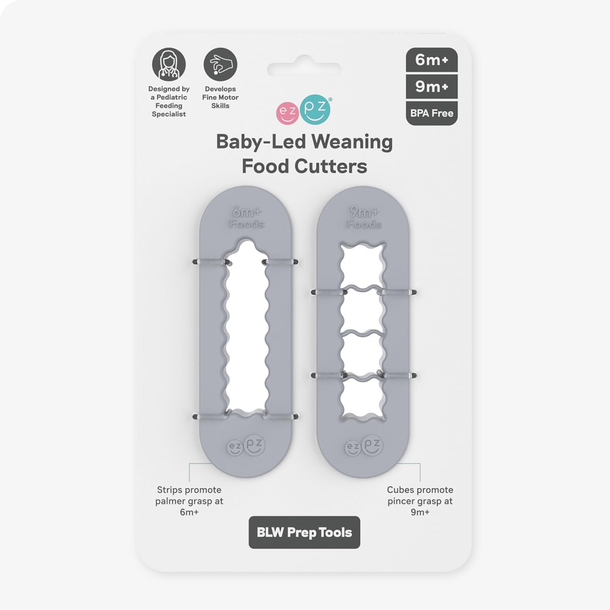 ezpz Baby Feeding Bundle – Tiny Spoon (2-Pack, Sage) + BLW Food Cutters (2-Pack, Pewter) – 100% Silicone Baby-Led Weaning Set for 6–9+ Months – Infant Feeding & Prep Essentials