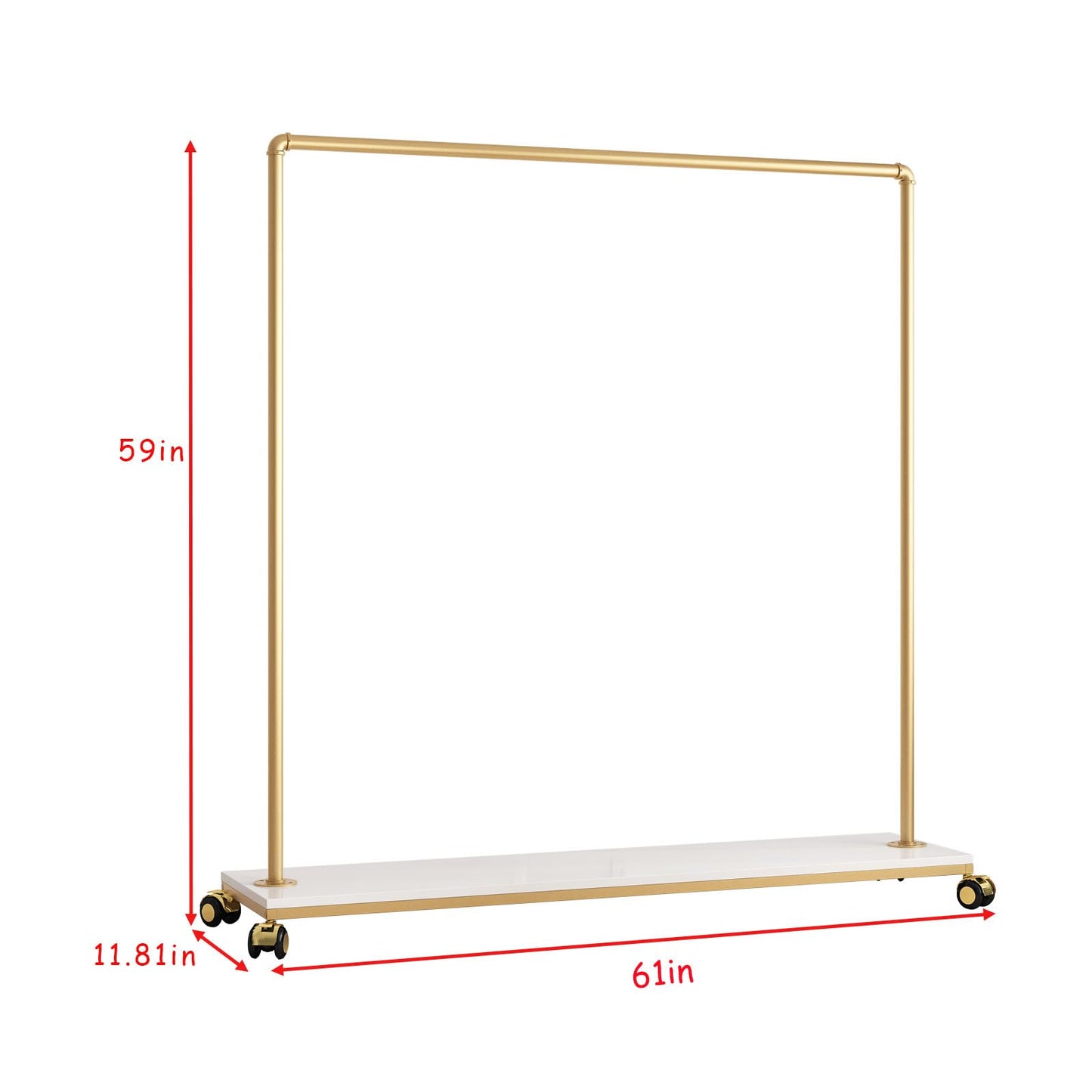 FONECHIN Gold Metal Clothing Rack with Wood Shelf, Heavy Duty Rolling Garment Rack with Wheels for Bedroom Retail Boutique Use (61L inches)