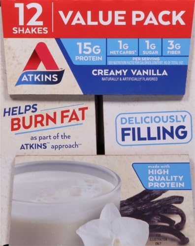 Atkins Creamy Vanilla High Protein Shake, 15g Protein, Low Glycemic, Low Carb and Low Sugar Shakes, Keto Friendly, 12 Vanilla Flavored Protein Shakes