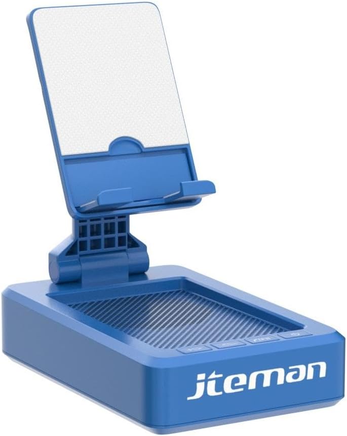 JTEMAN Cell Phone Stand with Bluetooth Speaker, HD Stereo Sound & Anti-Slip Base, Foldable Adjustable Desktop Phone