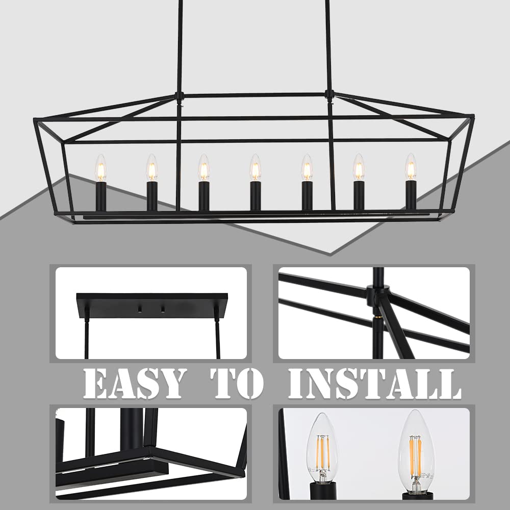 MELUCEE 7-Light Dining Room Light Fixtures Over Table, Farmhouse Chandelier Light Fixture Black Industrial Linear Pendant Lights Kitchen Island Candle Lantern Chandelier, E12 Base