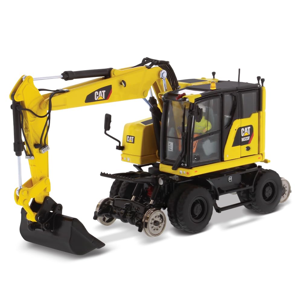 Diecast Masters 1:50 Scale Caterpillar M323F Railroad Wheeled Excavator - Safety Yellow Version | High Line Series Cat Trucks & Construction Equipment Model 85661