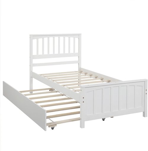 LostCat Twin Size Bed Frame - Trundle & Headboard, Solid Pinewood, No Box Spring Needed, White