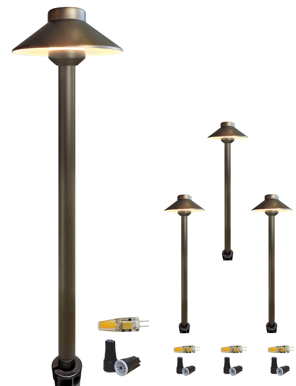 COLOER Brass Low Voltage Pathway Lights Wired 4-Pack with 3W LED G4 Bulb,12V Waterproof China Hat Outdoor Path Lighting for Yard, Patio, Landscape, Planter, Walkway(602B)