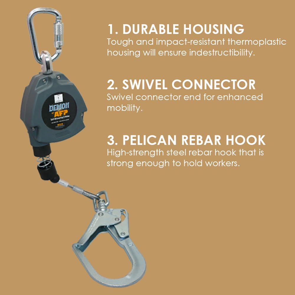 AFP Demon 11 FT Single Leg Self-Retracting Lifeline Cable Retractable | Steel Locking Pelican Rebar Hook | Safety Yoyo Fall Protection Arrest Limiter | Construction Industrial | OSHA & ANSI Rated SRL