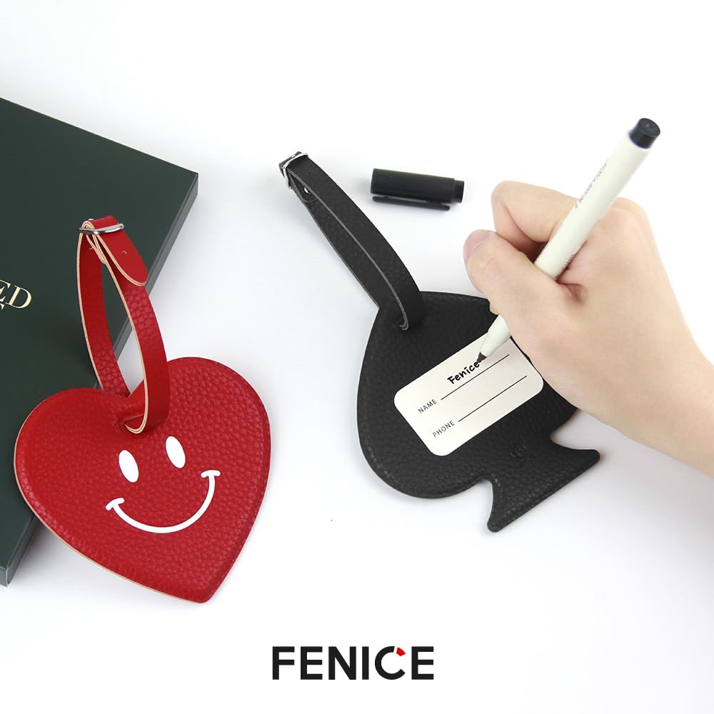 FENICE Vegan PU Leather Smiley Face Name Tag with Belt Buckle Strap Closure for Suitcase Luggage Tavel Bag (Yellow-Smile)