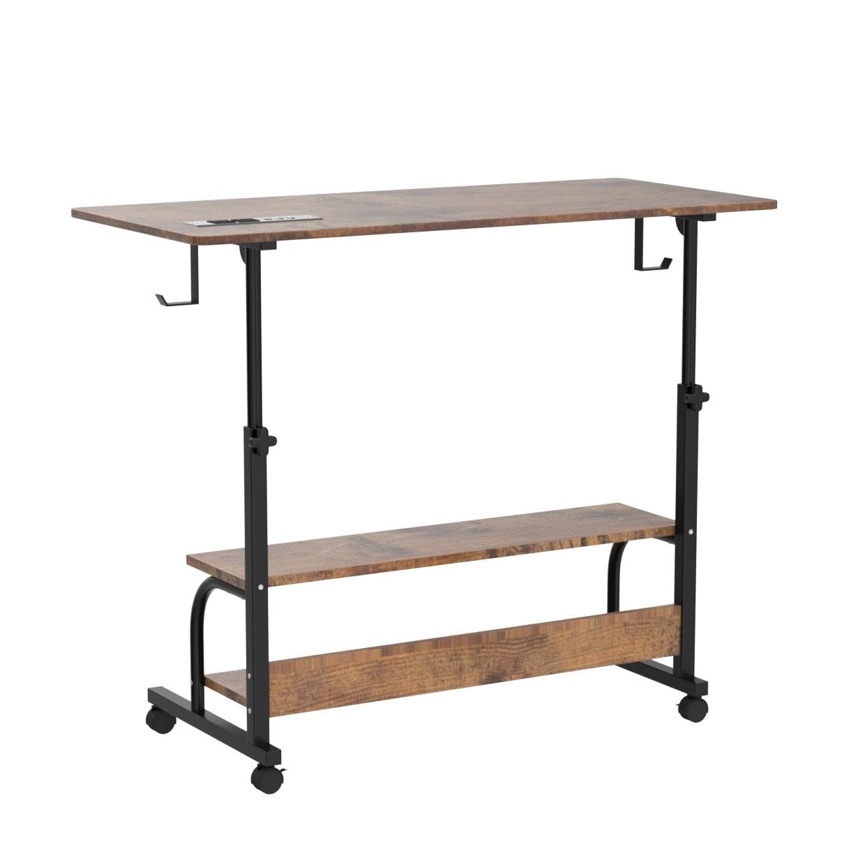 Armocity Rolling Standing Desk with Charging Station, Portable Height Adjustable Mobile Computer Desk with Wheels & 2-Tier Shelves & Hooks, Easy Assembly Laptop Table for Couch Bed, 39" Rustic Brown