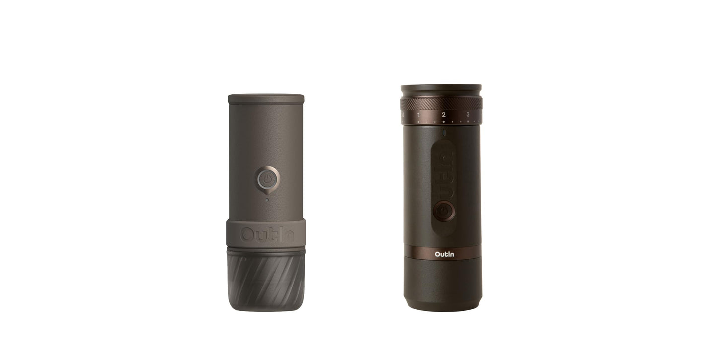 OutIn Mino with Fino, Portable Electric Espresso Machine with Portable Electric Coffee Grinder (Brown & Brown)