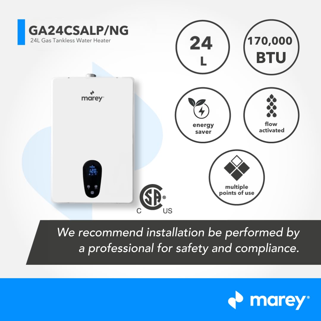 Marey Tankless Water Heater Gas, 7.5 GPM, 170,000 BTU, Liquid Propane, CSA Certified, Indoor
