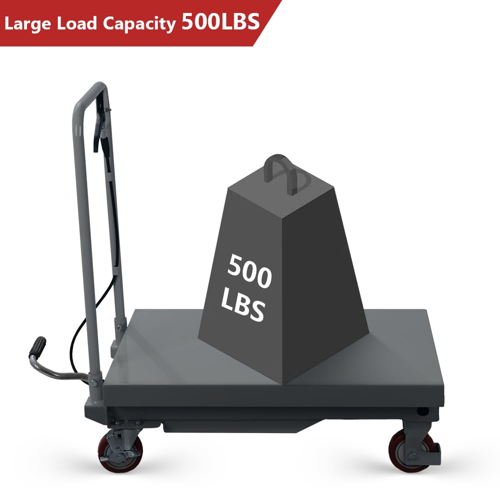 Hydraulic Scissor Cart Lift Table, 500 LBS Capacity 28.5 in Lifting Height Manual Scissor Lift Table w/ 4 Wheels and Foot Pump for Material Handling