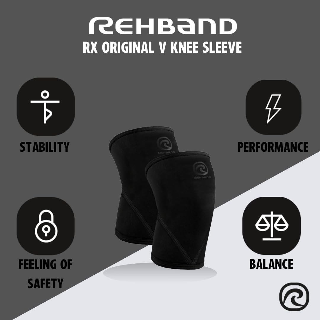 Rehband Classic 7mm V Knee Sleeve for Weightlifting, Competition Grade Powerlifting Knee Sleeve, Compression Sleeve for Crossfit, Squats, Gym & Heavy Lifts, Colour:Carbon/Black - 1 Pair, Size:Medium