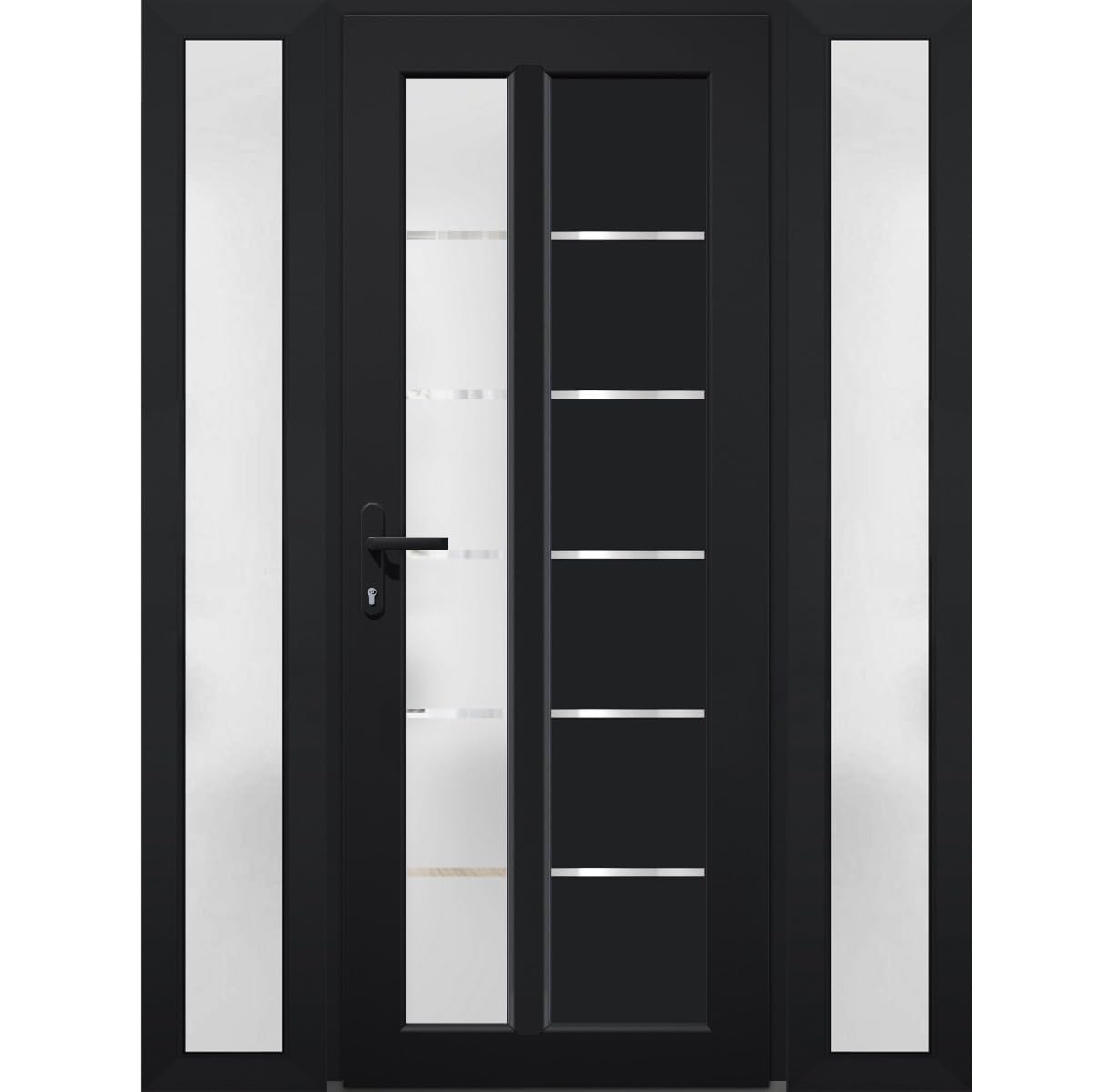 VDOMDOORS Front Exterior Prehung Fiberglass Door Frosted Glass/Manux 8088 Matte Black / 2 Side Exterior Windows/Entrance Patio Garage-W16+36+16" x H80-Right-hand Inswing