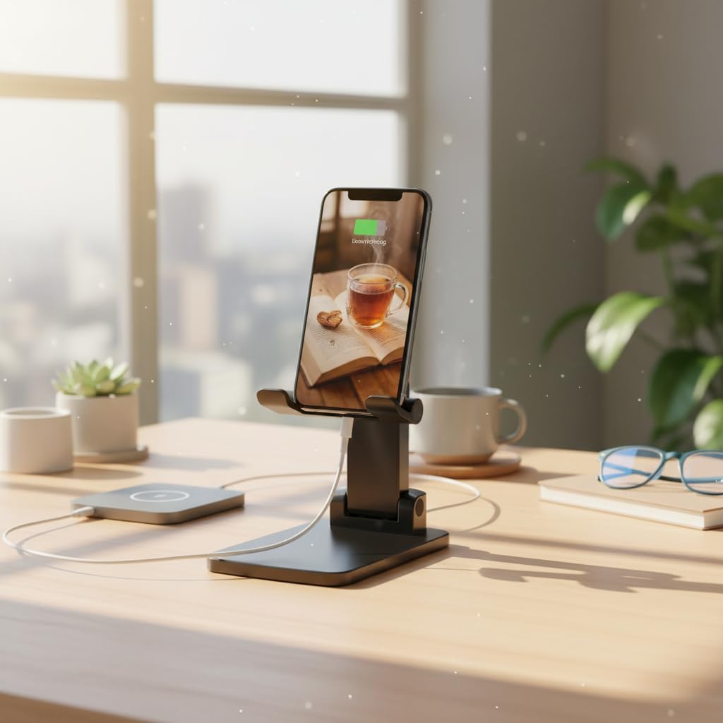 Aurasion Adjustable Phone & Tablet Stand for Desk, Foldable Holder with Stable Base and Non-Slip Design, Compatible
