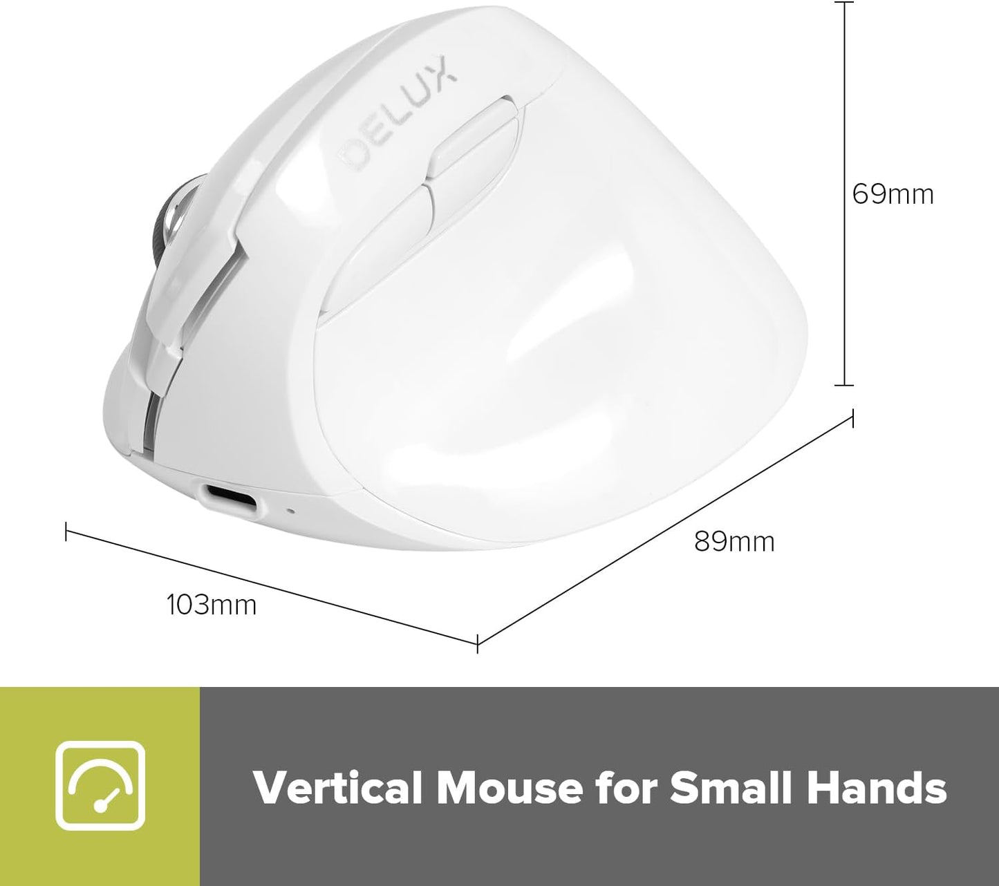 DELUX 4000 6 2.4G/BT 5.2 (M618MINI-White) Wireless Ergonomic Mouse, Vertical Mouse for Small Hands, Silent Click Ergo