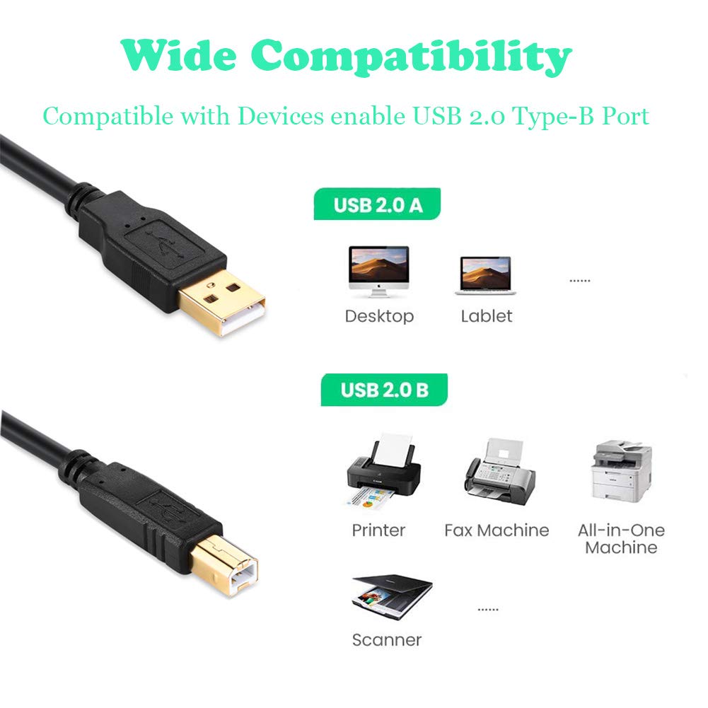 XBOHJOE 2.0 15 2.0USB 15ft) USB Printer Cable FT Type A Male to B Male Scanner USB a b for HP, Canon, Lexmark, Epson