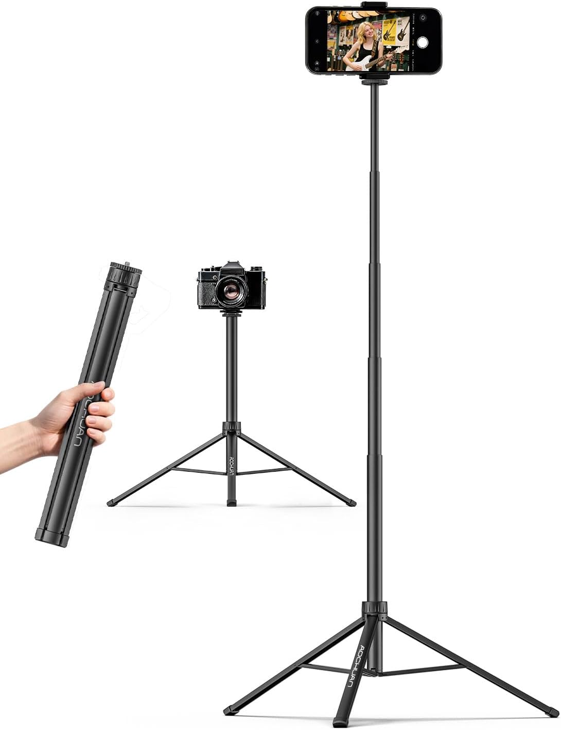 AOCHUAN 155cm 14.5"-60.1" Lightweight Extendable Phone Tripod for iPhone, Adjustable Photography Phone Stand, Portable