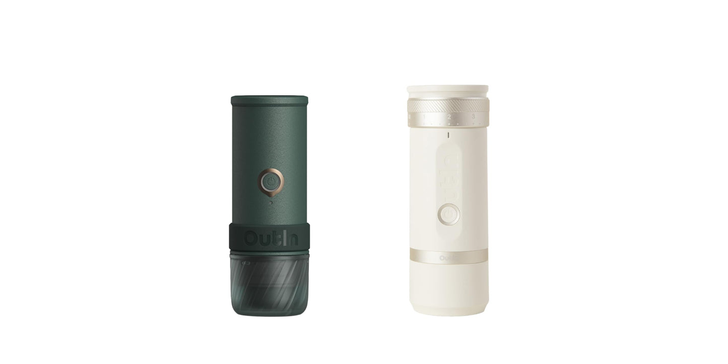 OutIn Mino with Fino, Portable Electric Espresso Machine with Portable Electric Coffee Grinder (Green & White)