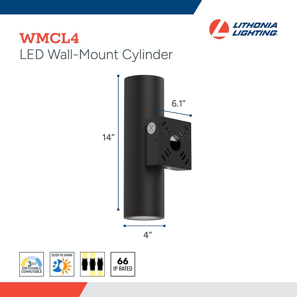 Lithonia Lighting WMCL 4 Inch LED Outdoor Wall Light, Modern Cylinder Outdoor Wall Sconce with Up/Down/Both Beam Direction, Selectable White Color, Photocell Dusk-to-Dawn, 45-Degree Beam Spread