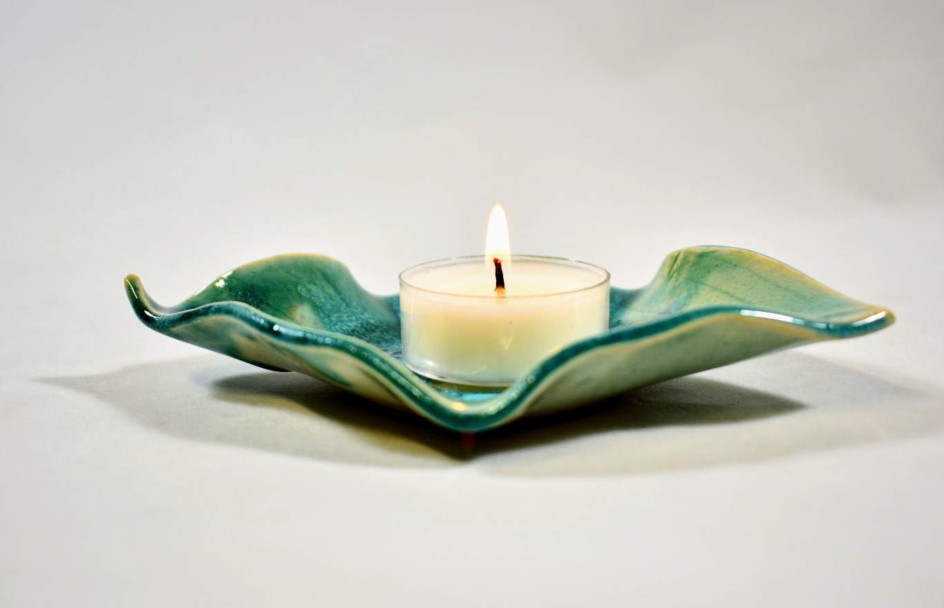 Earthen Vessels Pottery, Hydrangea Leaf Spoon Rest, Tea Bag Coaster, Ring Dish, Set of 3 In Summer Green, Pink & Teal