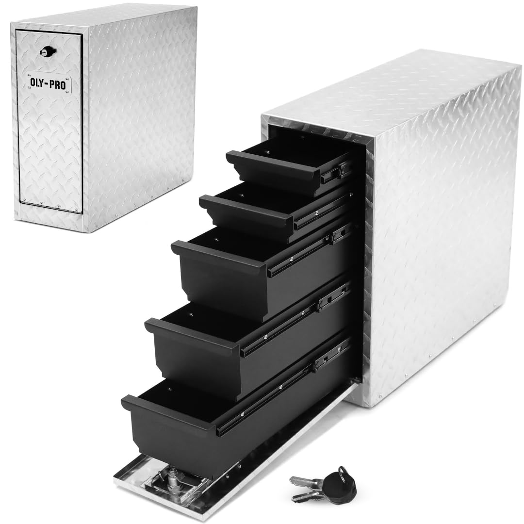 OLY-PRO Truck Bed Tool Box with 5-Drawer Slides | Lockable Heavy-Duty Tool Chest Storage for Pickup, Jobsite & Side Trucks | 8-Inch Toolbox with Key (Silver Aluminum)