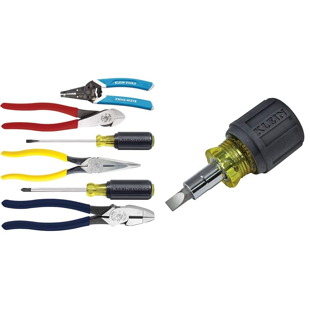 Klein Tools 80080 Hand Tool Kit includes 2 Screwdrivers, 3 Pliers, Wire Stripper and Cutter, for Electricians, 6-Piece & 32561 Multi-Bit Screwdriver/Nut Driver, 6-in-1 Stubby Screwdriver