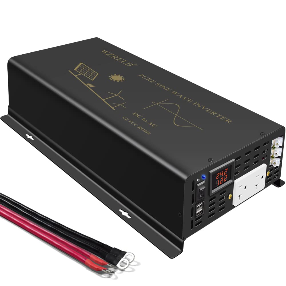 WZRELB Pure Sine Wave Power Inverter 5000Watts 24VDC to 120VAC 10KW Peak Dual AC Outlets 2× 2.4A USB Port &Hardwire Terminal Off-Grid Solar Converter RV Trucks