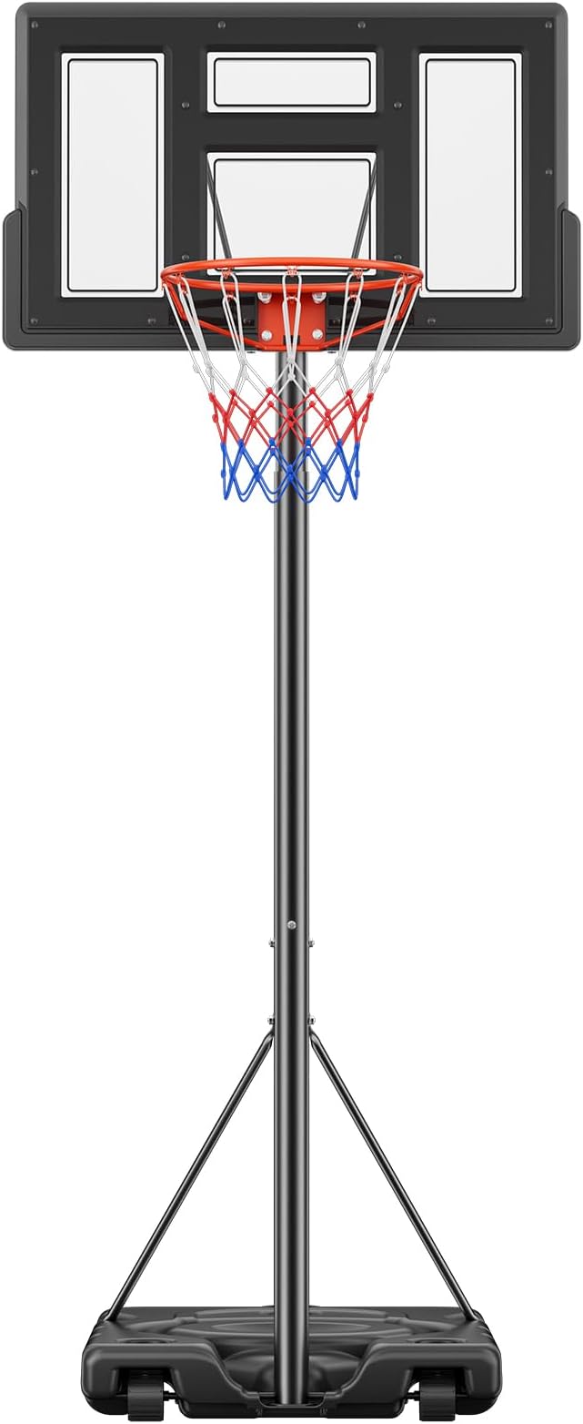 Sweetcrispy Portable Basketball Hoop Outdoor 6.1-10FT Adjustable Height, 44 Inch Shatterproof Backboard/Shock Absorbent Rim, Fillable Base, 2 Wheels for Backyard/Driveway