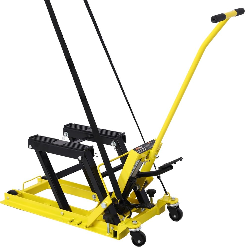 SLifet Hydraulic Motorcycle Lift Jack, 1500 LBS Capacity Foot-Operated Motorcycle Lift Table, ATV Scissor Lift Jack with 4.5" - 15" Lifting Range, Portable Motorcycle Lift Table with Wheels Yellow