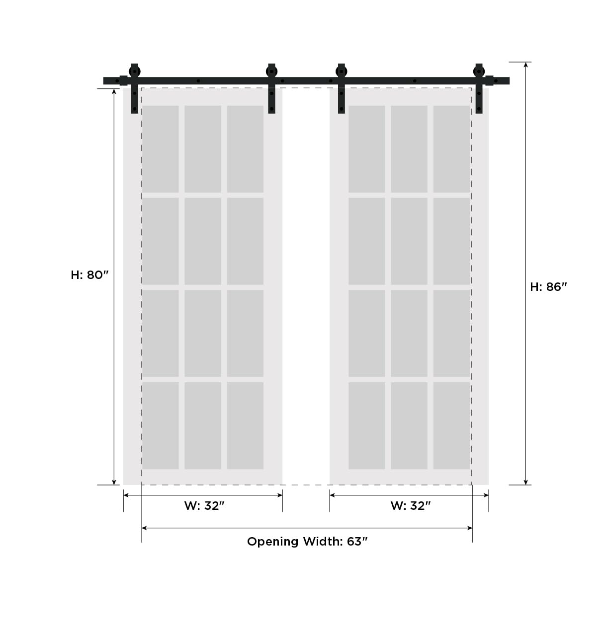 SARTODOORS Sturdy Double Barn Door with Frosted Glass | Planum 2102 White Silk | 13FT Black Rail Hangers Heavy Set | Solid Panel Interior Doors-64" x 80" (2 * 32x80)-Black Rail-Frosted Glass