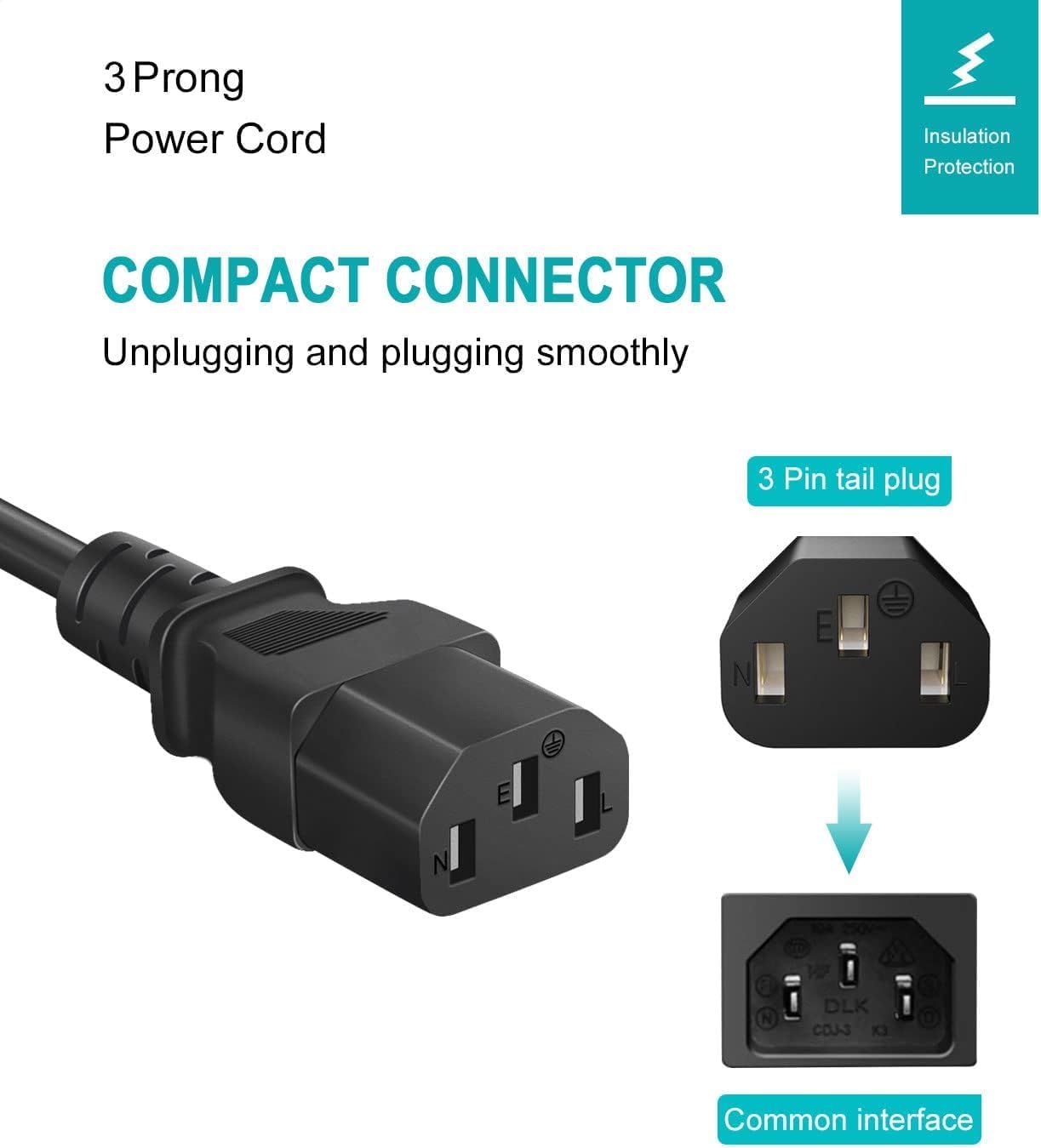 Narpendu 3-Prong 3 (0.92 Universal AC Power Cable for Computers, TVs, Monitors & More, Feet Meters), Black