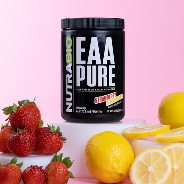 NutraBio ??EAA Pure ??9 Amino Acids ??Muscle Repair and Recovery, 30 Servings, Strawberry Lemon Bomb ??Pre or Post Workout ??All Day Recovery