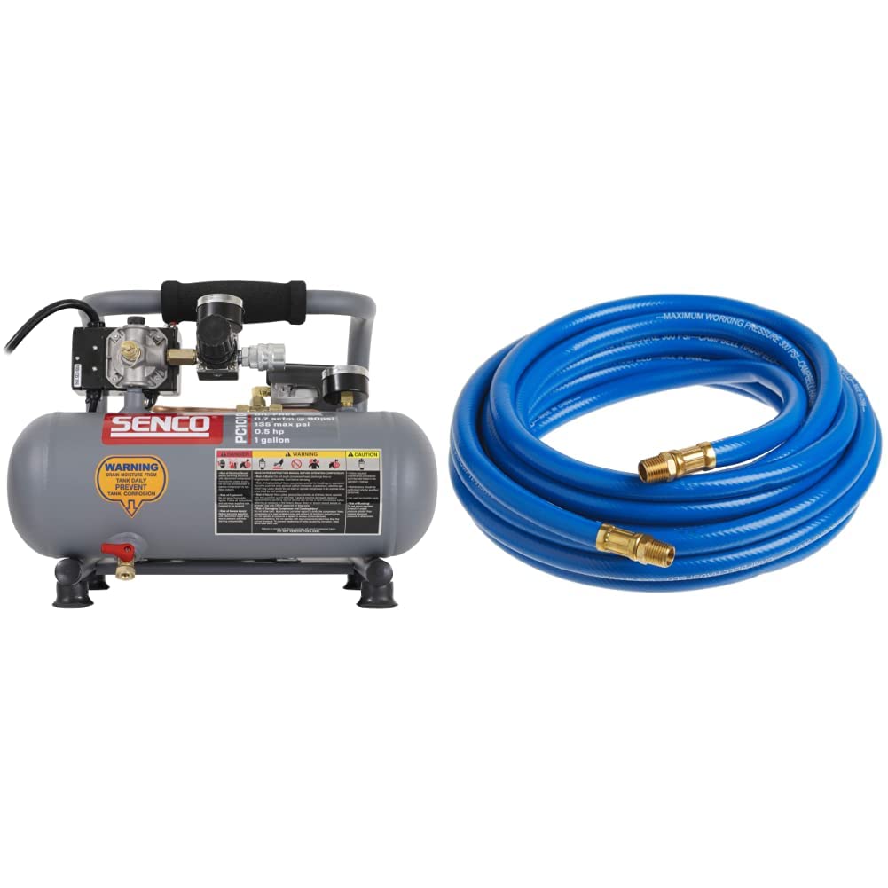 Senco PC1010 1/2- Horsepower 1-Gallon Matte Finish and Trim Portable Hot Dog Air Compressor, Gray/Red & Campbell Hausfeld 25' Air Hose (PA117701AV)