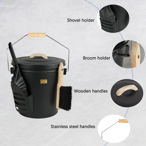 Annie Garden Ash Bucket with Lid and Shovel, Hand Broom and Stick, 5.2 Gallon Large Metal Ash Bucket for Fireplace Tools Set, Fire Pits, Wood Burning Stoves, Indoor and Outdoor, Camping, Grill, Black