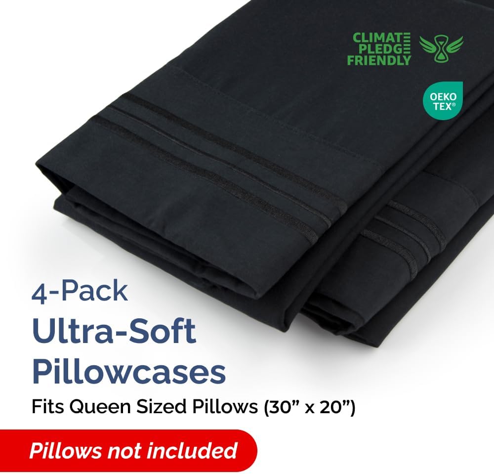 Queen Pillow Cases by [Brand Name] - Ultra Soft Hotel Quality Covers | Wrinkle-Free & Fade Resistant - 4 Piece Set in Black