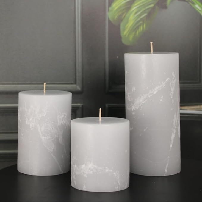 Simply Soson 3x4 inch Grey Pillar Candles Set of 3, Rustic Texture, Unscented Grey Candles, Dripless Candles, 3 inch Pillar Candles Ideal as Wedding, Parties, Spas, Dinner, Home Decoration, Church