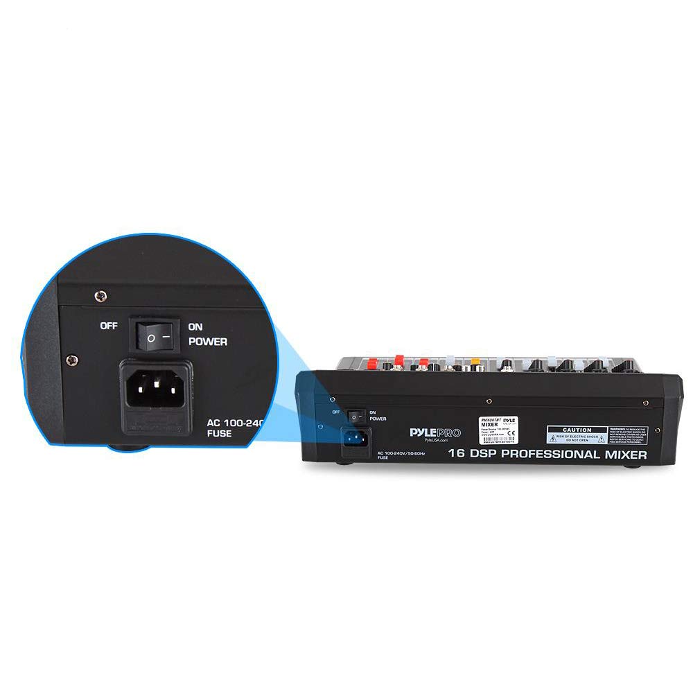 Pyle 6-Channel Console Style Audio Mixer with Bluetooth - DJ Sound Controller, 4 XLR / Combo Inputs, Sub Out, +48V Phantom, USB-A In, 16 DSP Effects, MP3 Player, 7-Band EQ - PMXU67BT