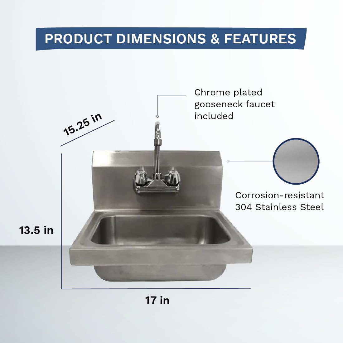 Kratos Commercial Hand Sink with Gooseneck Faucet | 14"W x 10"D x 5"H Stainless Steel Bowl | Wall Mounted Stainless Steel Handwashing Sink for Foodservice and Commercial Use | NSF Certified (28W-088)