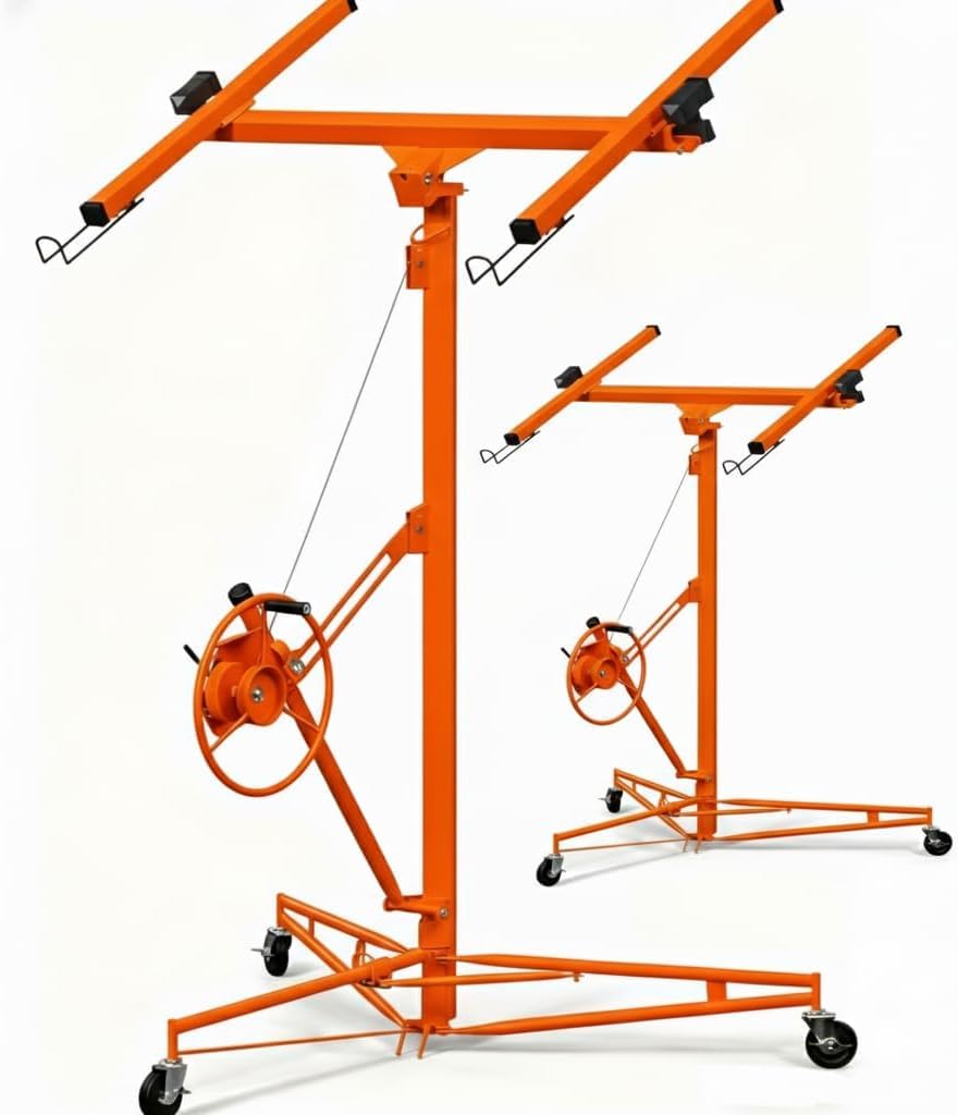 11 Ft Heavy Duty Drywall Lift Sheetrock Hoist, 150LBS Capacity Rolling Drywall Panel Lifter Jack with 360° Adjustable Telescopic Arm & 3 Lockable Universal Wheels, Portable Drywall Panel Lift