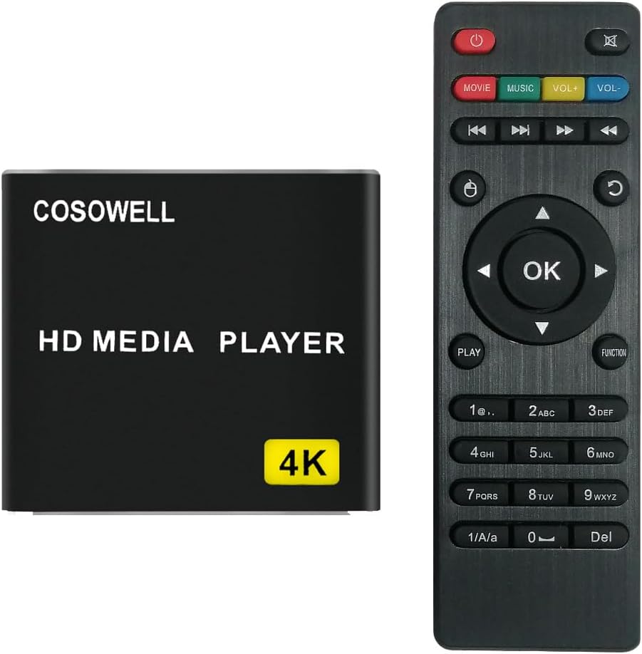 COSOWELL 4K H.265 H.264 MP4 MP3 Media Player for USB Drive & SD, Ultra HD Digital Signage Player with HDMI/AV Output