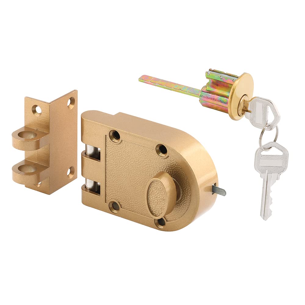 Prime-Line U 9970 Deadlock – Jimmy-Resistant Design Prohibits Forced Entry by Spreading of Door Frames – Single Cylinder Diecast Metal Lock With a Brass Finish and Angle Strike (Single Pack)