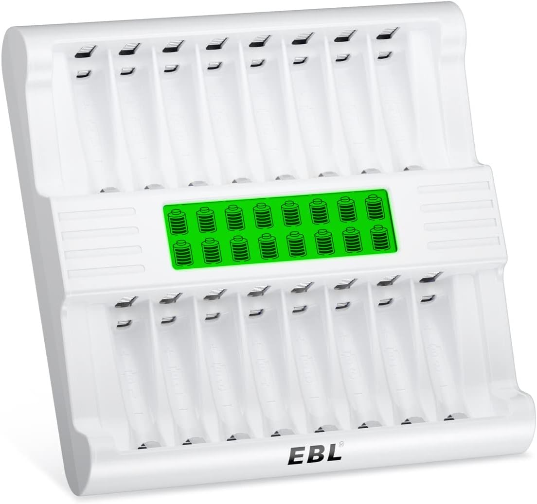 EBL 16 1-Hour AA Battery Charger, Bay Batteries Charger with Fast Charging with LCD Display and AC Plug Cable for AA
