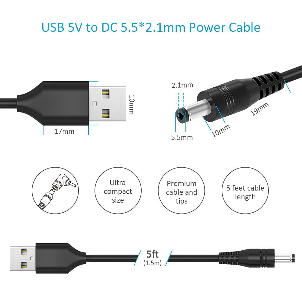 10-in-1 5V 5.52.1mm 5FT Belker Universal DC Power Cable,USB to DC Plug with Type-C, Micro USB, Mini USB and More