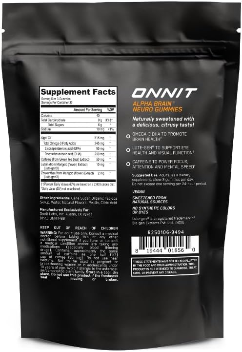 ONNIT Alpha Brain Neuro Focus Gummies - Vegan Gummies with Omega-3s, Lutein, Zeaxanthin & Caffeine - Brain, Eye & Focus Supplement for Men & Women?? Citrus Punch Flavor, 90 Count