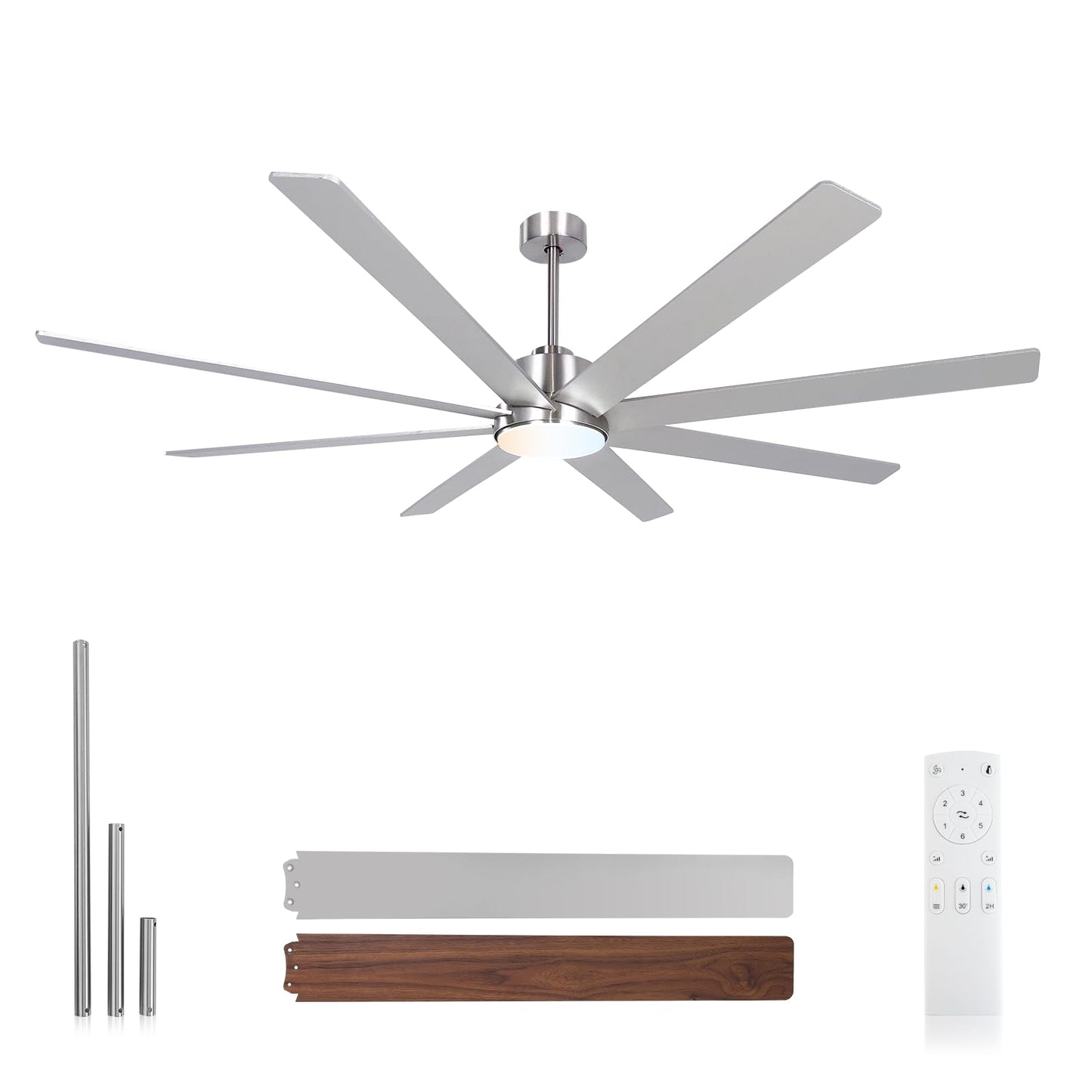 Minislak 72Inch Large Brushed Nickel Ceiling Fans with Light and Remote Control,8 Wooden Blades,6-Speeed,3CCT,Quiet Reversible DC Motor,Indoor Outdoor Ceiling Fan for Patio/Living Room/Garden