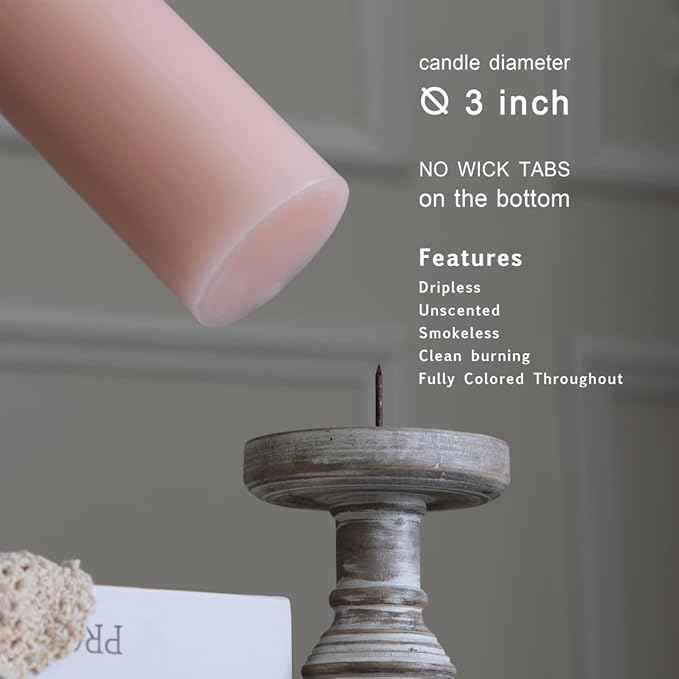 MOZEAL 3" x 4" Hand-Poured Unscented Blush Candle, Dripless Light Pink Pillar Candle Set of 3, Long Clean Burning, Approx 72 Hours Burn Time, Rustic Country Style Decor, Pearl Blush Rose