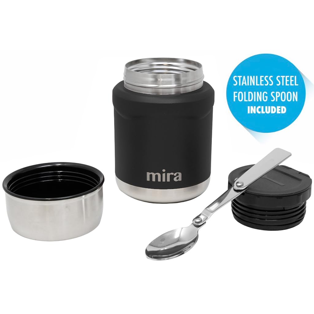 MIRA 2-Pack Food Thermo Set (15 oz) for hot and cold foods - Insulated Stainless Steel Containers with Spoons - 2 Set Black