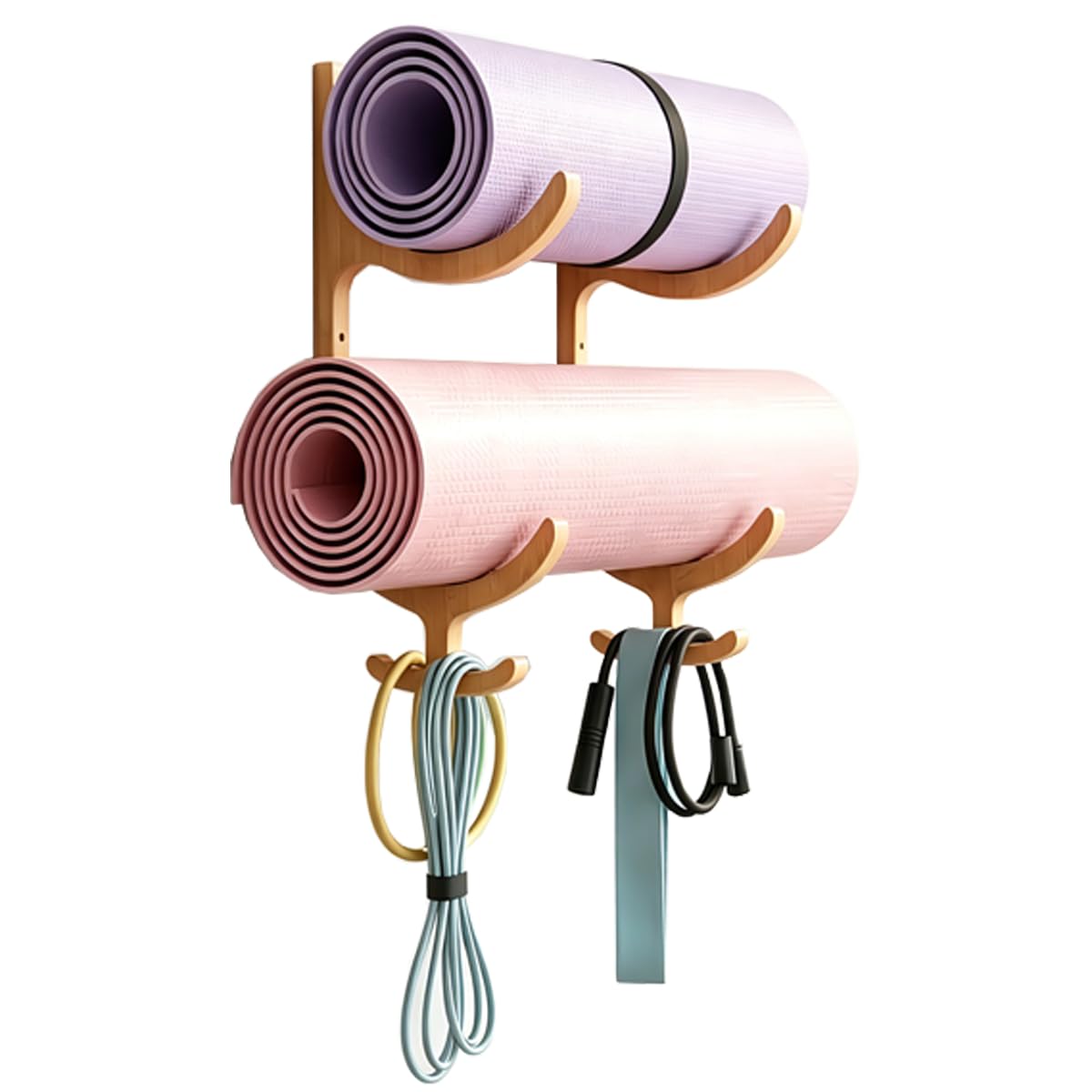 Cococheers Wooden Yoga Mat Holder Wall Mount with Hooks, Yoga Mat Rack for Mats, Resistance Bands, Jump Ropes, Space Saving Storage for Home Gym, Studio, Apartment, Wood Grain, 16.2x9.9 Inches