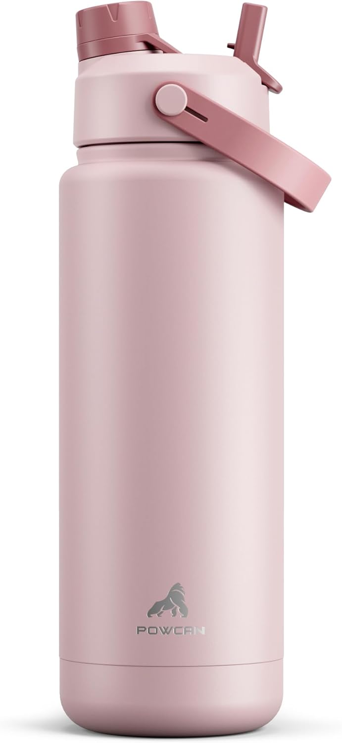 POWCAN 32 oz Insulated Water Bottle - 2-in-1 Straw & Spout Lid, Leak-Proof, BPA-Free | Dried Rose